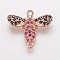 Brass Cubic Zirconia Links, Bees, Deep Pink, 14x16.5x3mm, Hole: 1mm