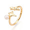 Brass & Natural Pearls Adjustable Open Cuff Rings for Women, Star, Real 18K Gold Plated, 13.5mm, Inner Diameter: 17mm