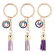 Alloy Colorful Rhinestone Keychain, with Key Rings and Wool Tassel Pendants, Light Gold, Flat Round with Letter M & Letter O, Mixed Color, 88~9cm, 3pcs/box