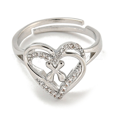 Регулируемые кольца из латуни с микро-паве в форме сердца и стойки для писем для женщин с прозрачным фианитом RJEW-I105-01P-W-1