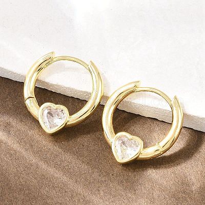 Серьги-кольца из латуни с микропаве и прозрачным кубическим цирконием в форме сердца&nbsp;EJEW-D348-13G-1