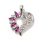 Brass Micro Pave Cubic Zirconia Pendants, Long-Lasting Plated, Lead Free & Cadmium Free, Platinum, Heart, Medium Violet Red, 22x18x5mm, Hole: 2.5X3mm