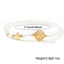 Регулируемые белые круглые браслеты с искусственным жемчугом и латунным крестом Святого Бенедикта из бусин.&nbsp;MA5671