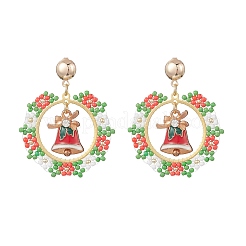 Серьги-гвоздики в виде рождественского венка из стеклянных бусинок ручной работы&nbsp;EJEW-MZ00634