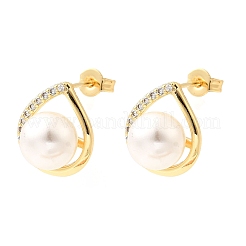 Серьги-гвоздики из латуни с микропаве из прозрачных кубических цирконий в форме капли&nbsp;EJEW-C154-04G