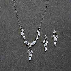 Комплект из ожерелья и серег-гвоздиков с прозрачным кубическим цирконием в форме листа из латуни&nbsp;FS-WG2ED9F-01