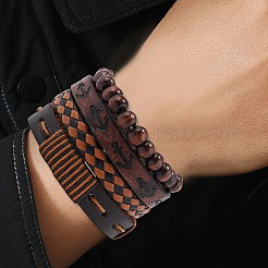 4шт 4 стиля плетеные браслеты из искусственной кожи pu наборы&nbsp;BJEW-CL0001-13C