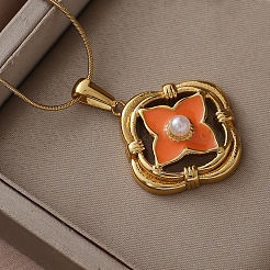 Женские кулоны-клеверы из хирургической нержавеющей стали 316 с эмалью и искусственным жемчугом&nbsp;LY2374