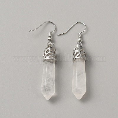 Серьги-пули с натуральным кристаллом кварца EJEW-WH0001-34E-1