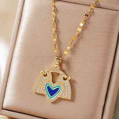 Латунный веер из синей эмали с подвеской в виде сердца CL4028-1-1