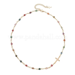 Ограненные круглые бусины из натурального индийского агата и цепочки с крошечными крестиками ручной работы из нержавеющей стали 304&nbsp;NJEW-JN05842-03