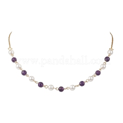 Женские ожерелья из круглых бусин с ракушечным жемчугом и натуральным аметистом&nbsp;NJEW-JN05635