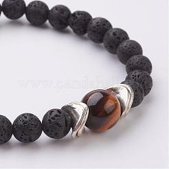 Эластичные браслеты из натурального вулканического камня и тигрового глаза&nbsp;BJEW-JB03001-03