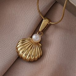 Женские ожерелья с подвесками в форме ракушек из хирургической нержавеющей стали 316 с имитацией жемчуга&nbsp;MG3658
