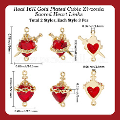 6 шт. 2 стиля латунный огнеупорный кирпич кубический цирконий роза сердце с мечом/священное сердце Иисуса соединительные подвески&nbsp;KK-BBC0020-10