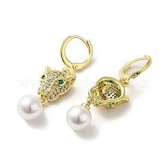 Серьги с подвесками из латуни с микропаве и кубическим цирконием в форме головы леопарда&nbsp;EJEW-Q797-14B