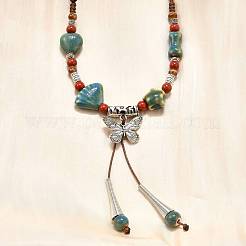 Этнический стиль сплав и фарфор керамические бусины бабочка кулон кисточка и ожерелья&nbsp;LS-NJEW-D308-01B