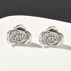 Серьги-гвоздики из латуни с микропаве из кубических цирконий в форме цветка розы&nbsp;EJEW-G452-08P-02