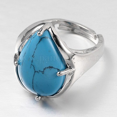 Регулируемые широкие кольца из латуни с драгоценными камнями в виде слезинки платинового тона RJEW-L062-02G-1