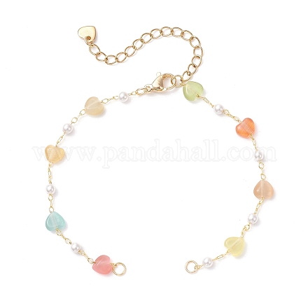 Изготовление браслета из латунной цепочки с разноцветными бусинами в форме кошачьего глаза и пластиковыми жемчужинами AJEW-JB01387-1
