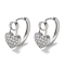 Brass Micro Pave Clear Cubic Zirconia Hoop Earrings, Heart, Real Platinum Plated, 14.5x9x14mm