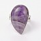 Adjustable Natural Amethyst & Platinum Brass Rings, Teardrop, Inner Diameter: 19mm