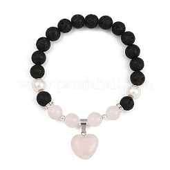 Браслеты с подвесками в форме сердца из натурального розового кварца&nbsp;BJEW-JB12402-01