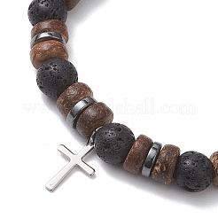 Регулируемые эластичные браслеты из натуральных бусин из кокосового ореха и лавовой породы&nbsp;BJEW-JB13285-01