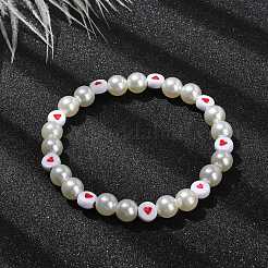 Эластичные браслеты из акриловых бусин в форме сердца и имитированного жемчуга&nbsp;BJEW-JB10025