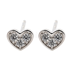 925 серьги-гвоздики в форме сердца из стерлингового серебра с прозрачным кубическим цирконием&nbsp;EJEW-Q030-02P