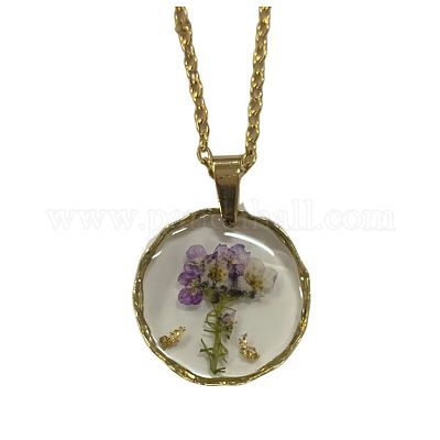 Ожерелья с плоским круглым кулоном из сплава и пластика с внутренним цветком&nbsp;FS-WG8915D-16-1