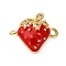 Brass Micro Pave Clear Cubic Zirconia Fruit Connector Charms, Red Enamel Strawberry Links, Rack Plating, Long-Lasting Plated, Cadmium Free & Lead Free, Real 18K Gold Plated, 12x15x4mm, Hole: 1.2mm and 1.4mm