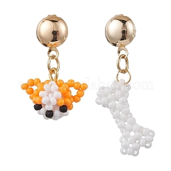 Серьги-гвоздики из стеклянных бусин в виде собаки и кости&nbsp;EJEW-MZ00339