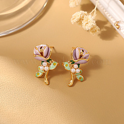 Серьги-гвоздики из латуни с цветком и искусственным жемчугом&nbsp;FS-WG24618-01