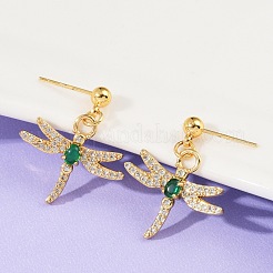 Серьги-гвоздики в форме стрекозы из латуни с микропаве из кубических цирконий&nbsp;EJEW-F895-15G