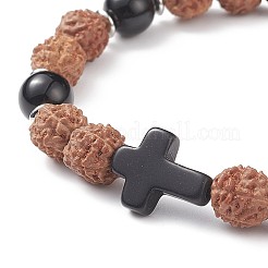 Эластичный браслет из натурального черного агата (окрашенного) и рудракши и синтетической бирюзы (окрашенного)&nbsp;BJEW-TA00187-02