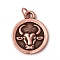 Brass Pendants, with Jump Rings, Long-Lasting Plated, Flat Round with 12 Constellation/Zodiac Sign, Antique Rose Gold, Taurus, 18.5x15x2mm, Jump Ring: 5x0.7mm, Inner Diameter: 3.6mm