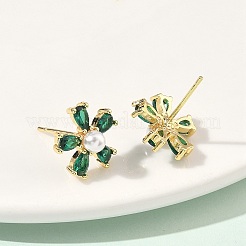 Цветок латунь кубического циркония серьги стержня&nbsp;EJEW-P336-06G-07
