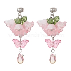 Серьги-гвоздики с подвесками из стекла и акрила в виде цветка и бабочки&nbsp;EJEW-TA00788