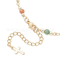 Ограненные круглые бусины из натурального индийского агата и цепочки с крошечными крестиками ручной работы из нержавеющей стали 304&nbsp;NJEW-JN05842-03