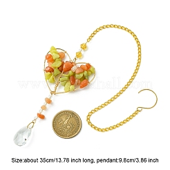 Подвеска в форме сердца из натурального лимонного нефрита и красного авантюрина с проволочной оплеткой и деревом&nbsp;HJEW-FS00020