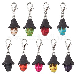 Подвеска-череп из матового акрила и окрашенной синтетической бирюзы на Хэллоуин&nbsp;HJEW-JM03901