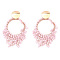 Flat Round Brass Glass Bead Dangle Stud Earrings, Golden, Pink, 97x50mm