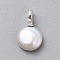 Natural Baroque Keshi Pearl Pendants, Flat Round Freshwater Pearl Charms, with 925 Sterling Silver Finding, Seashell Color, 23x13x7.5mm, Hole: 5mm