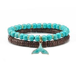 Набор эластичных браслетов из натурального кокоса и синтетической бирюзы (окрашенных) бусин&nbsp;BJEW-JB07168