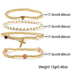 4 шт. Набор эластичных браслетов в богемном пляжном стиле с круглыми латунными бусинами в форме сердца&nbsp;ZQ1331-1