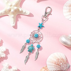 Плетеная сетка/паутина с перьевым сплавом и крашеной синтетической бирюзой и подвесными украшениями из стеклянных семян&nbsp;HJEW-MZ00238-01