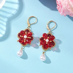 Серьги-подвески в форме цветка со стеклянными бусинами-капельками&nbsp;EJEW-MZ00670