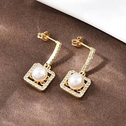 Квадратные серьги-гвоздики с подвесками из прозрачных кубических цирконий с микропаве из латуни&nbsp;EJEW-C172-05G