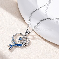 Женские ожерелья с подвеской в виде сердца русалки из латуни и синего кубического циркония&nbsp;NJEW-C067-04P